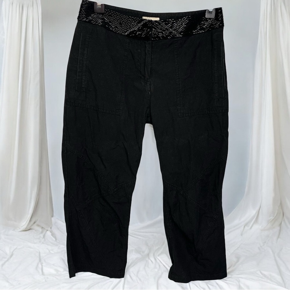Karen Millen Beaded Waist Solid Black Cropped Capri Pants Cotton Size 4